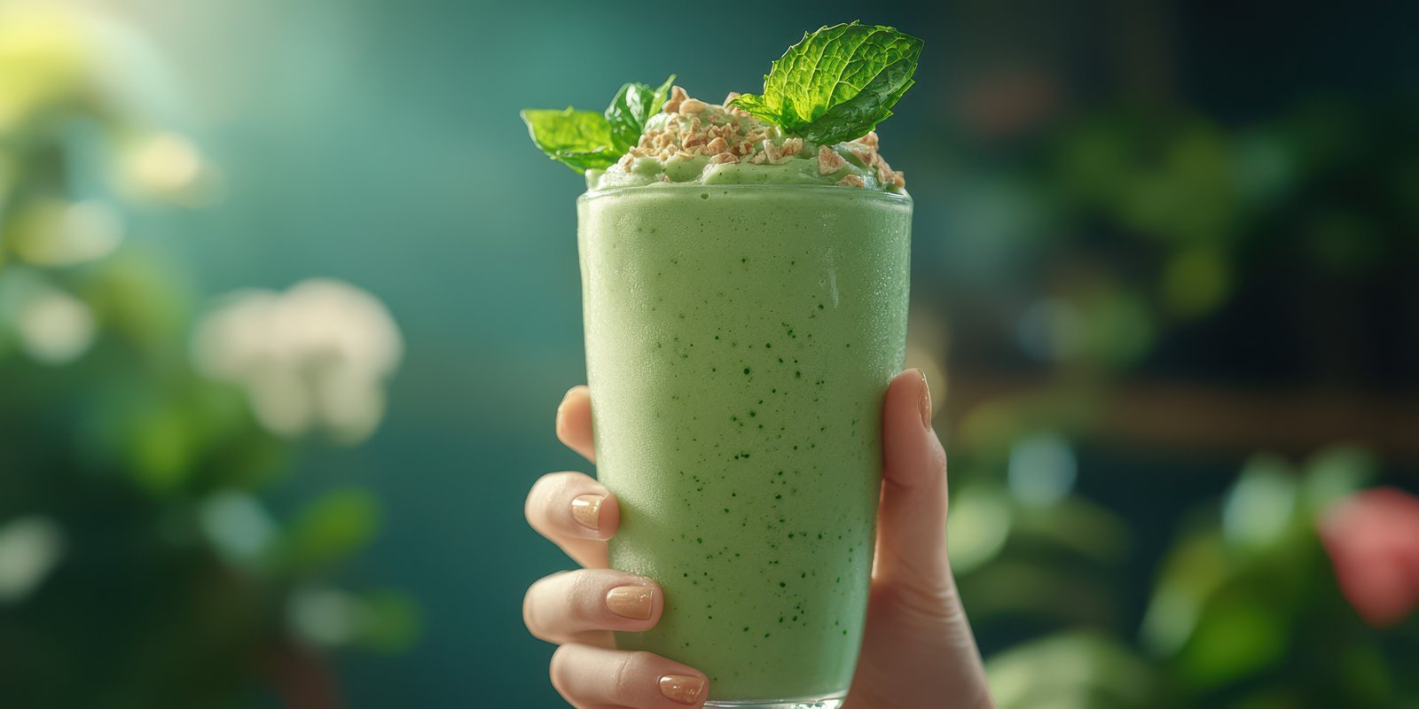 Refreshing mint smoothie served in a glass, perfect for summer enjoyment in a vibrant green setting